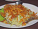 Fried fish topped with green mango salad and roasted cashews, Samila Sea Sport restaurant, Songkhla