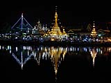 View of glittering Wat Chong Khum from the night market, Mae Hong Son