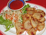 Fried sausage slices, first dinner in Chiang Rai